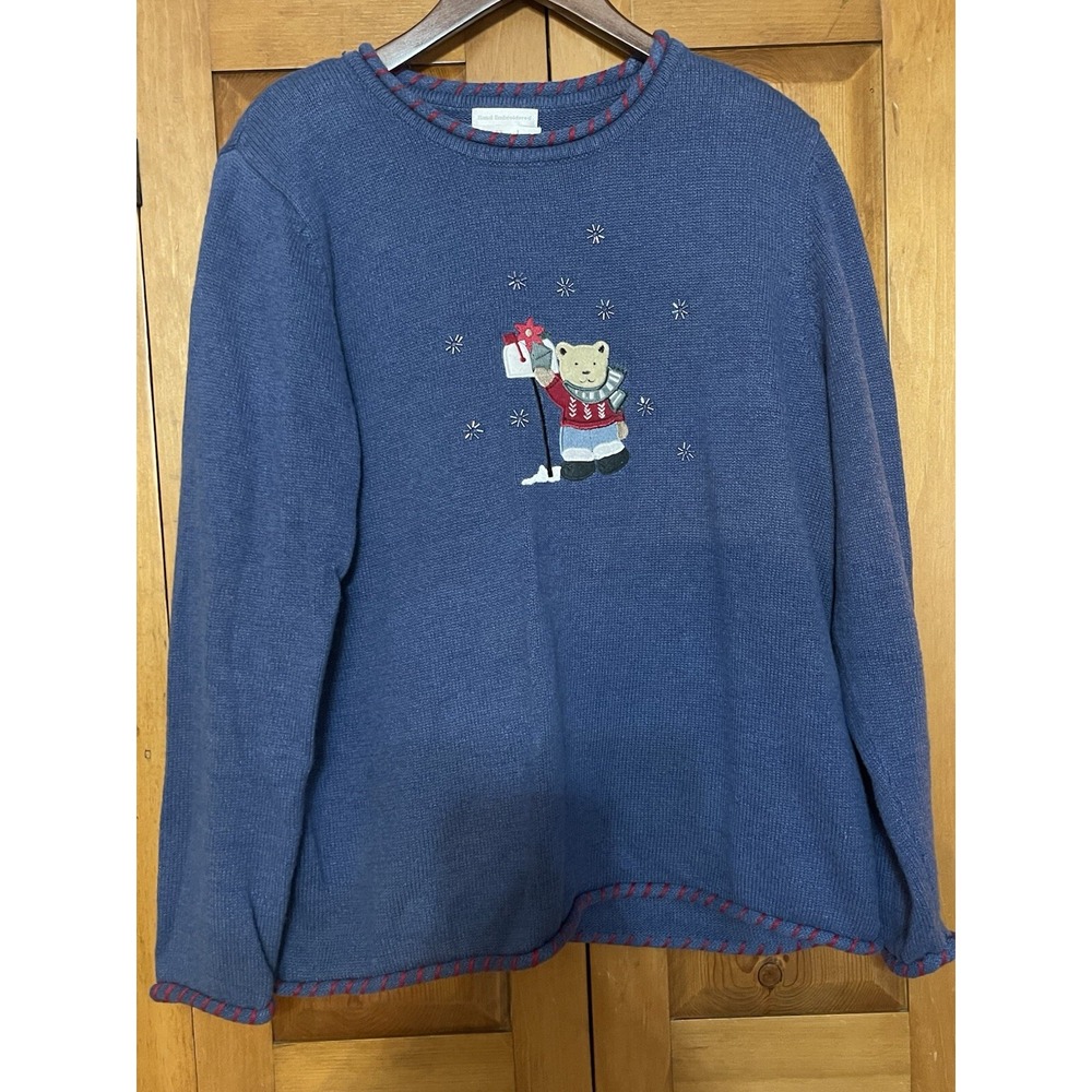 CJ banks Sweater Winter Bear Hand Embroidered 1X Blue Raime Cotton